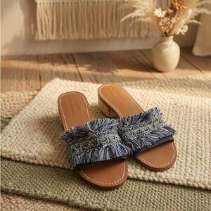 Soludos X Anthropologie Woman’s Blue Denim Fringe City Slides Sandals 7.5